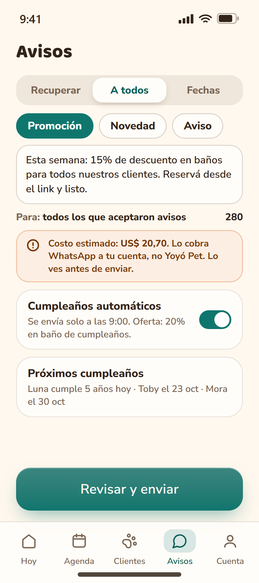 Pantalla para enviar una promoción a todos los clientes, con el costo estimado antes de enviar