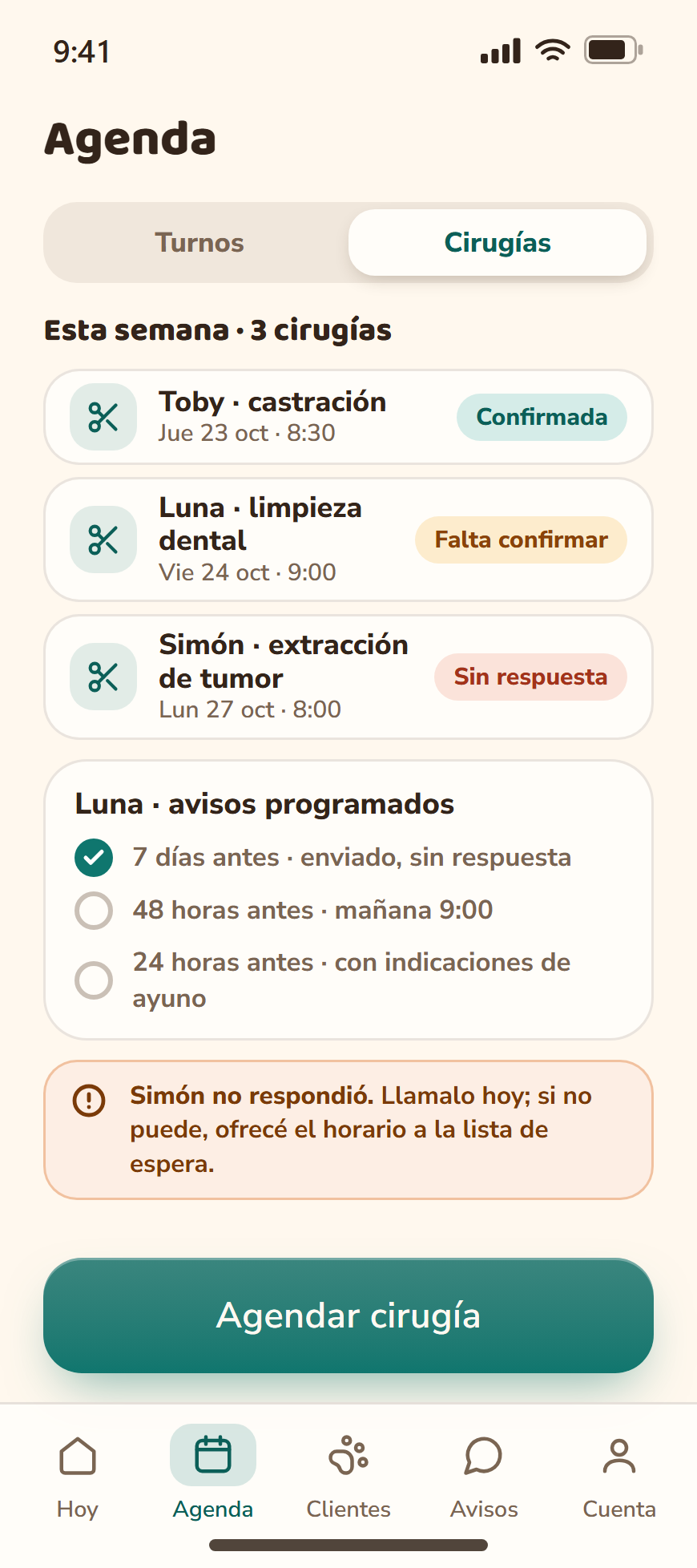 Agenda de cirugías con estados Confirmada, Falta confirmar y Sin respuesta