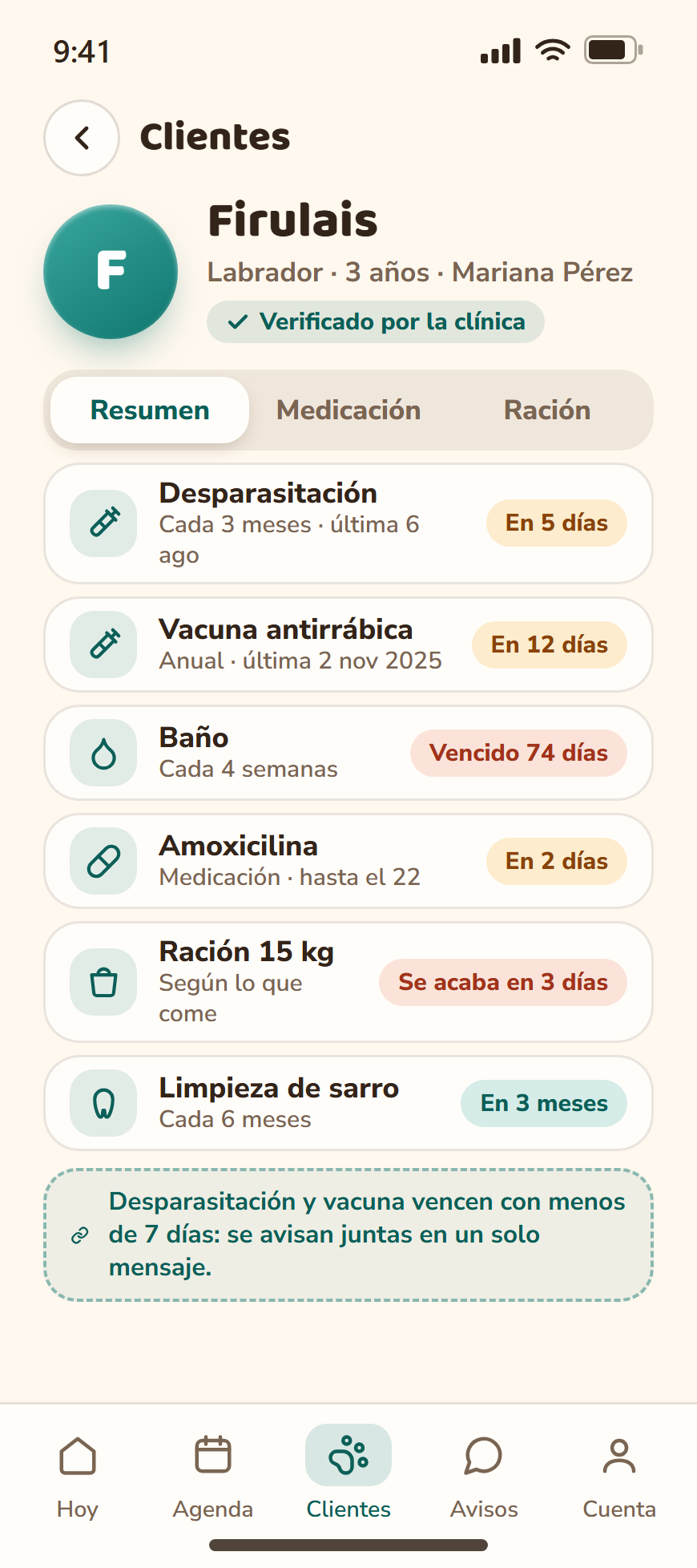 Ficha de una mascota con sus vencimientos de vacuna, baño, sarro y medicación