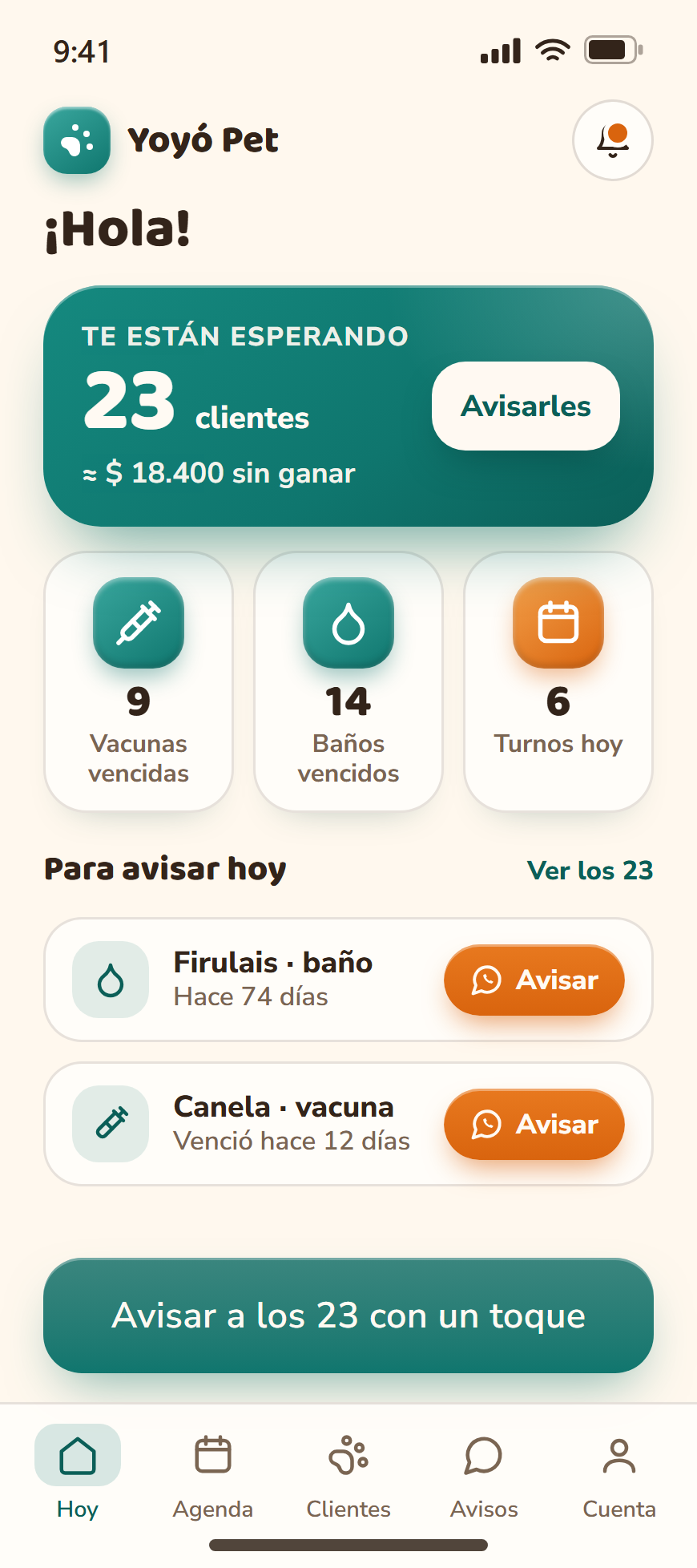 Pantalla Hoy de Yoyó Pet: 23 clientes te están esperando, 18.400 pesos sin ganar, con un botón Avisar por cada cliente