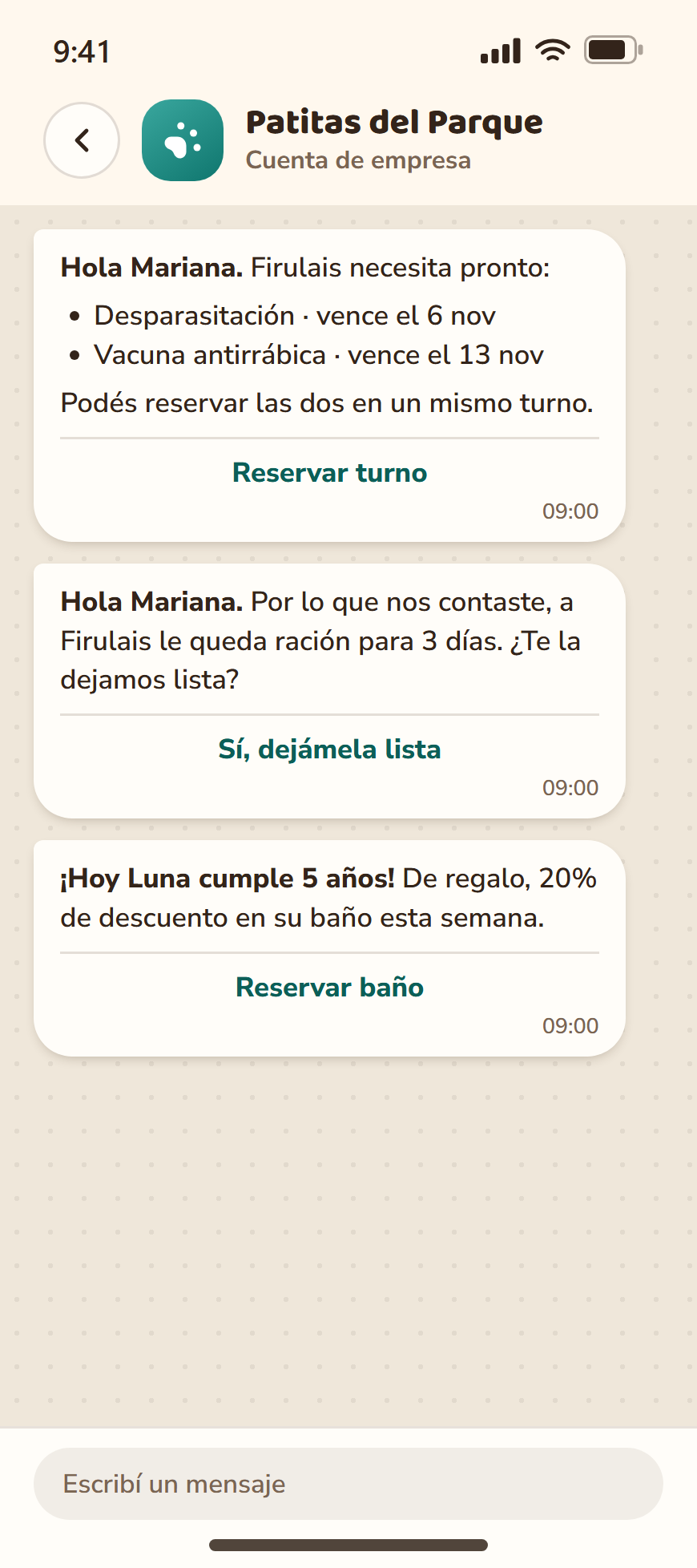 Mensajes de WhatsApp que recibe el cliente: dos vencimientos juntos, aviso de ración y saludo de cumpleaños